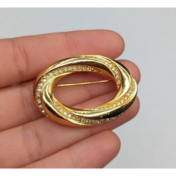 Christian Dior Signed Gold Tone Clear Rhinestone Open Oval Vintage Pin Brooch - Picture 1 of 9